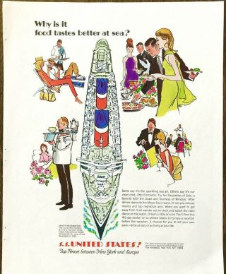1968 Ss United States Ocean Liner Print Ad Why Is It Food Taste Bette At Sea?