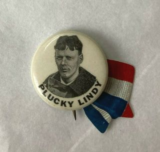 " Plucky Lindy " 3/4 " Celluloid Pinback Button With Celluloid Attachment