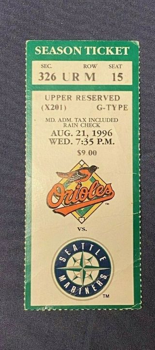 1996 Baseball Ticket Mariners Orioles A - Rod Rodriguez 2 Homers Ripken Home Run