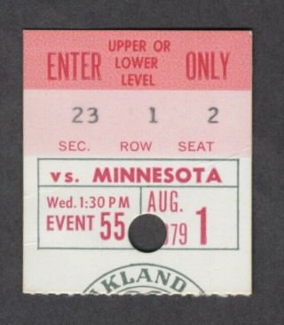 1979 Oakland A’s Athletics Ticket Stub Vs Minnesota Twins 8/1 Rickey 1st Season