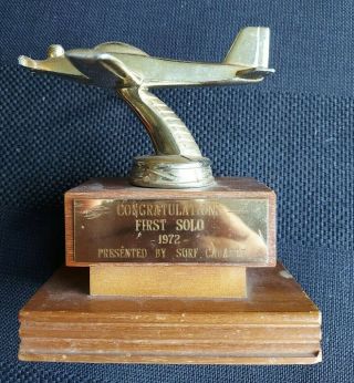 Vtg 1972 1st Solo Flight Trophy Award Metal Topper Airplane