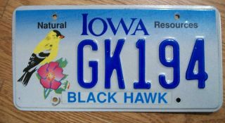 Single Iowa License Plate - Gk194 - Natural Resources - Black Hawk County