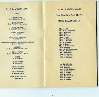 Cunard White Star line - RMS Queen Mary - passenger list - April 21sr 1937 3