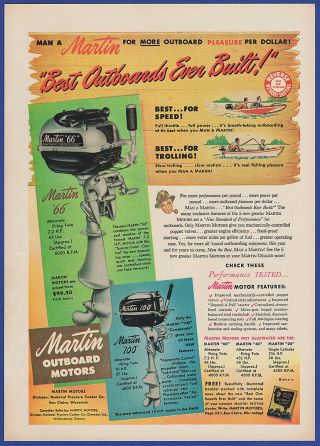 Vintage 1950 Martin 100 & 66 Outboard Motors Boating Fishing Ephemera Print Ad