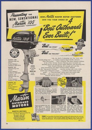 Vintage 1950 Martin 100 Outboard Motors Boating Fishing Ephemera Print Ad