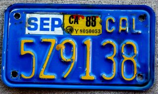Famous Yellow On Blue California Motorcycle License Plate With A 1988 Sticker