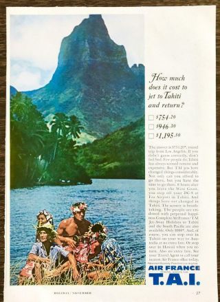 1961 Air France Tai Print Ad How Much Does It Cost To Jet To Tahiti And Return?
