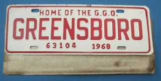 1968 Greensboro " Home Of The G.  G.  O " License Plate From North Carolina Golf