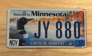 2013 Minnesota License Plate Critical Habitat Loon Environmental Jy 880