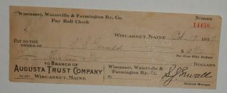 Wiscasset Waterville & Farmington Railway Check 1929 - Issued & Cancelled