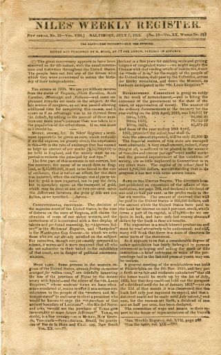 1821 Niles Weekly Newspaper Register Baltimore Md 12pg