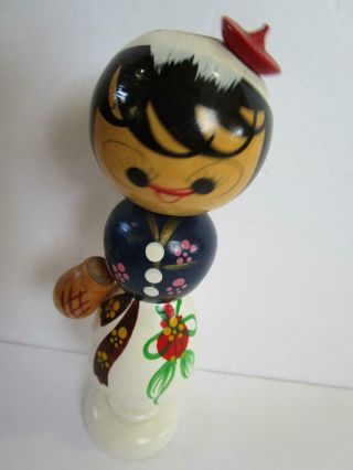 Vintage Korea Hand Painted Wooden Bobble Head Kokeshi Doll Figurine