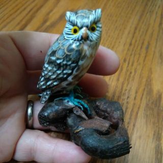Vintage Wooden Carved Drift Wood Horned Owl Bird Hand Painted Figurine 2.  5 "