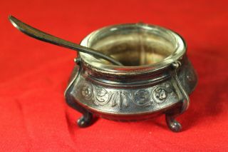 Vintage Antique Russian Ussr Melchior Silver Plated Salt Cellar With Spoon