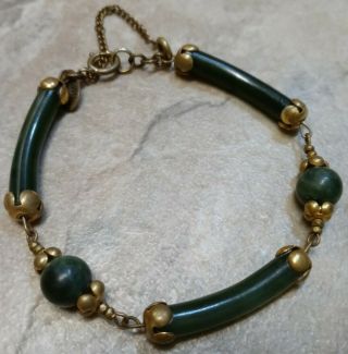 Vintage Signed Miriam Haskell Far East Faux Jade Glass Link Bracelet C.  1950