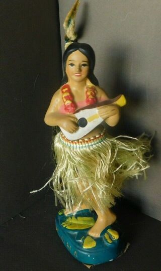Vintage Hawaiian Aloha Chalkware Hula Girl Nodder Bobble Tiki Bar Ukulele (n5)