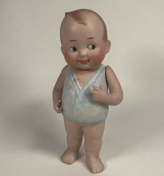 Antique Baby Bud All Bisque Doll With Googly Eyes In Blue Shirt Jointed Arms