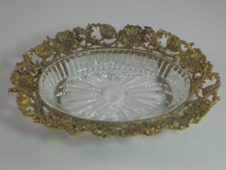 Ornate Vintage Ormolu Style Beveled Glass,  Metal Filigree Flower Soap Dish