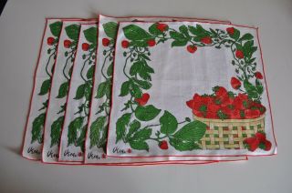 Vintage Vera Neumann Strawberry Basket Cloth Napkins Set Of 5