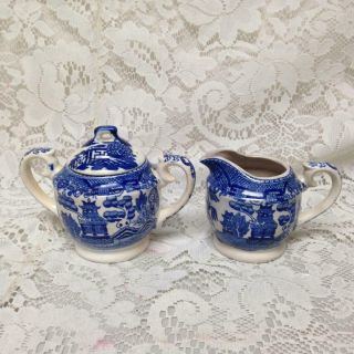 Vintage,  Japan 3 - Pc Blue Willow Creamer And Sugar