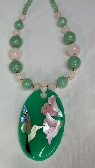Vintage Chinese Pink Rose Quartz,  Green Jade Stone Beaded Necklace Hummingbird