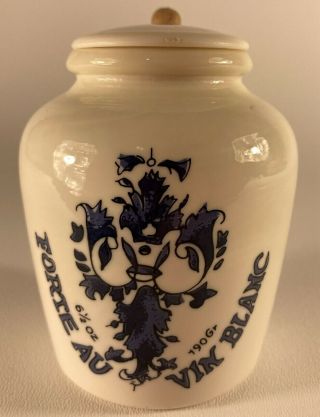Vintage French Mustard Jar Painted Milk Glass Blue White Design Lid & Spoon