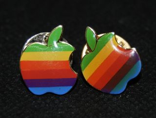 2 Vintage Apple Computer Mac Logo Lapel Enamel Hat Pin Back Macintosh Rainbow