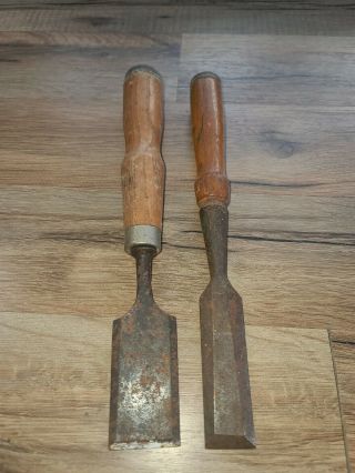 2 Vintage Wood Handled Wood Chisels (f)