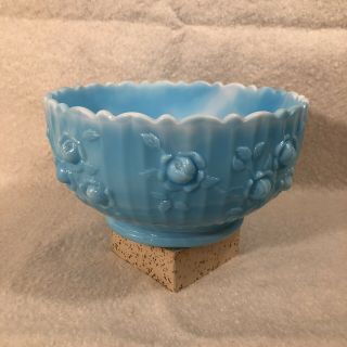 Vintage Aqua Blue Milk Glass Bowl Marbled Slag Pressed Roses Flowers