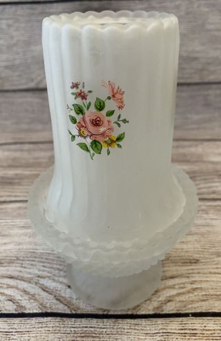 Vintage Frosted Glass Courting Fairy Lamp Pink Cabbage Roses 6 1/2” Tall.