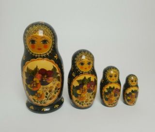 Vintage Russian Nesting Dolls Set Of 4 Hand Painted Wood Flowers 6” Signed