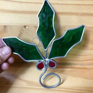Vintage Christmas Stained Glass Holly Leaves & Berry Window Hanging Sun Catcher