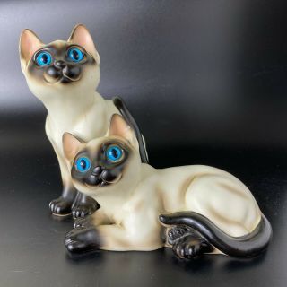 Vintage Napcoware Ceramic Pair Siamese Cat Blue Glass Eyes Figurine Japan 816