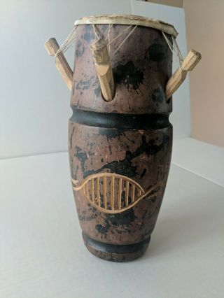 Vintage Hand Made Carved Wood Bongo Drum 11 " Tall