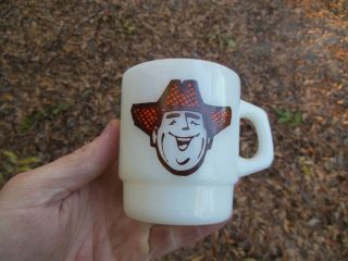 Vintage Stackable Fire King Coffee Cup Mug Milk Glass Cowboy Rancher Laughing