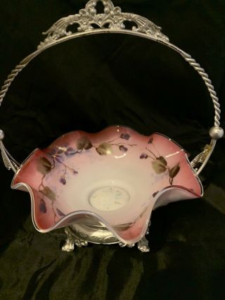 Victorian Silver Plate Holder And Glass Hand Painted Brides Basket Cranberry