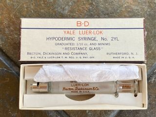 Vintage B - D Glass Yale Luer - Lok Hypodermic Syringe Needle 2cc Nos Medical Decor