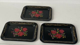 3 Small Vintage Floral Metal Trays Tole Ware Mid Century Vanity Jewelry
