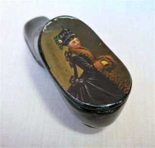 Antique Papier Mache Match Safe Striker Vesta Case / Snuff Box Shoe - Picture