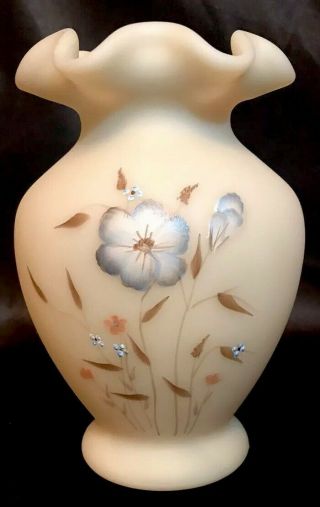 Vintage Fenton Hand Painted Custard Satin Ruffled Edge Vase 6” Signed D.  Hill