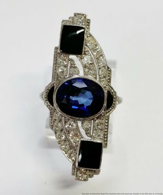 Antique Art Deco Sapphire Platinum Diamond Agl Natural Sapphire Onyx Ring Size 6
