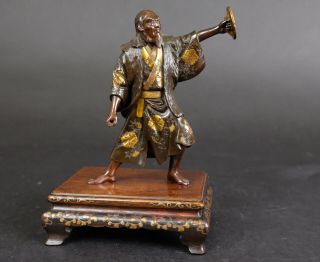 Quality Japanese Miyao Bronze & Gilt Figure On Wood Base,  19th Century Marked