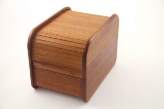 Vintage Mid Century Mod Kalmar Teak Tambour Roll Top Storage Box Desk Organizer