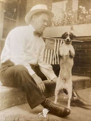 1920s Vintage Photo Man W Dog Standing Holding 48 Star Us American Flag On Porch