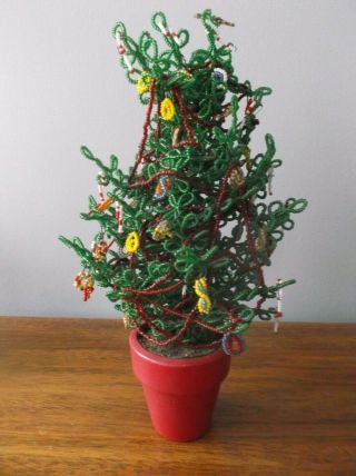 Vintage Westrim Glass Seed Beaded Table Top Christmas Tree Loaded With Ornaments