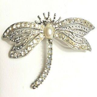 Vintage Dragonfly Pin Brooch 2 Inch Silver Tone W Swarovski Oval Pearly Center