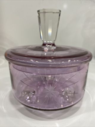 Vtg Mcm Lavender Glass Crystal 3 Footed Candy Dish Bowl W/ Covered Lid C1940 - 50