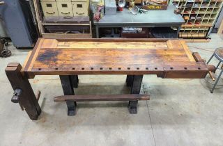 Antique Industrial Woodworkers Joiners Workbench With 2 Wooden Vises