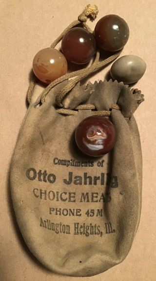 Vintage Giveaway Marble Bag With 4 Hand Cut Agate Marbles Otto Jahrling Meats