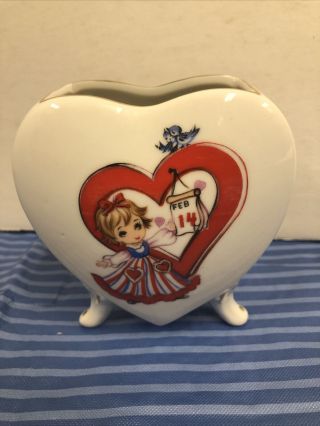 Vtg Lefton Valentine Planter Vase Red Heart Girl Bluebirds Gold Gilt Love